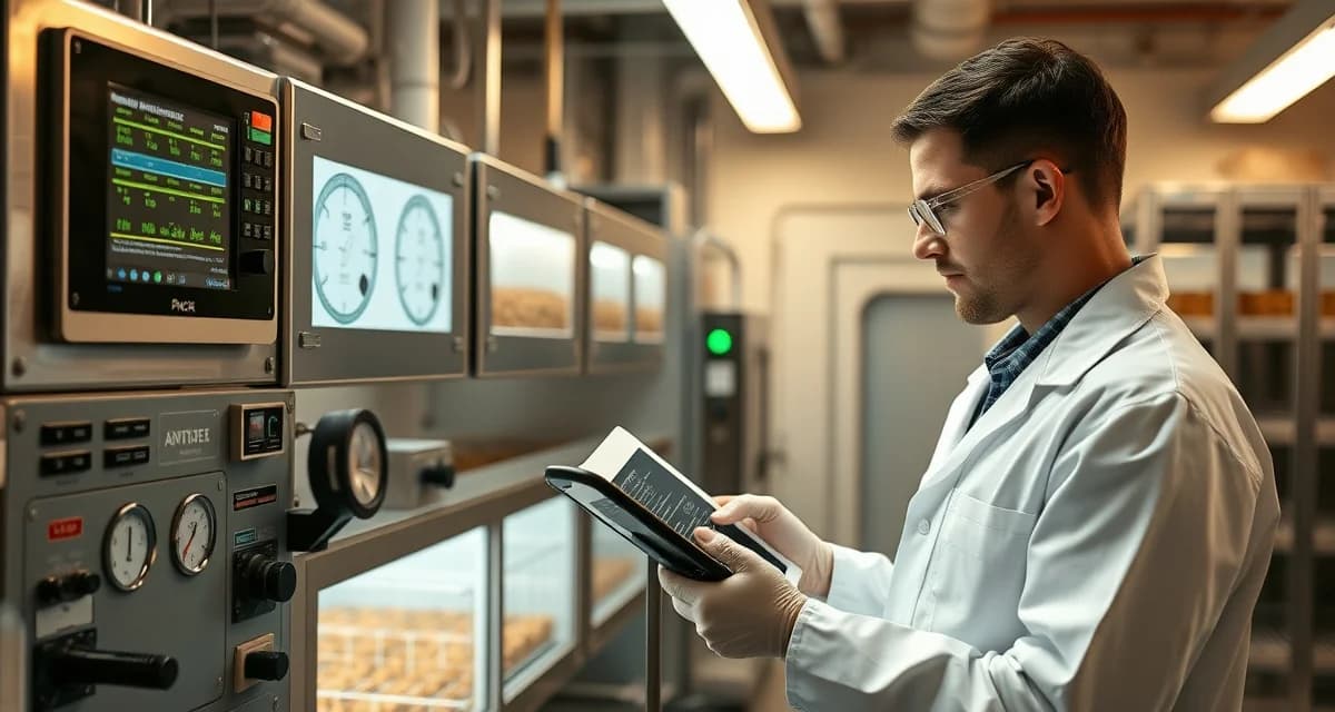 FSMA critical control point monitoring in commercial cricket farming Cricket farm corrective action procedures monitoring station with digital control panels and FSMA compliance documentation systems