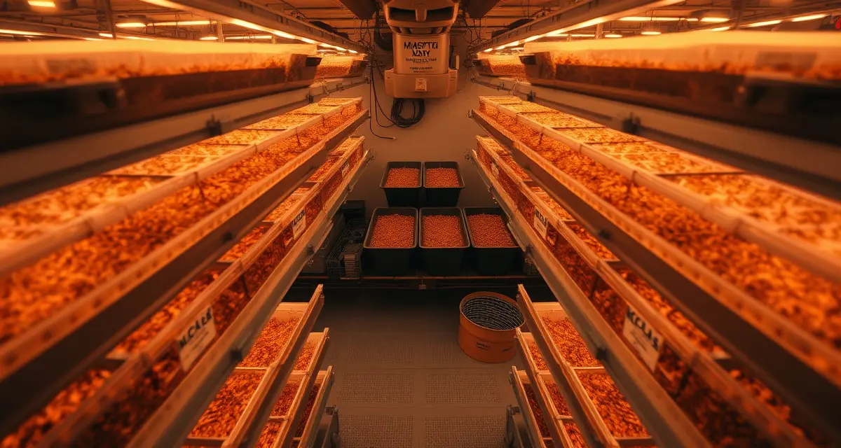 Efficient cricket farming setup for cost reduction Modern cricket farm facility displaying organized production containers and equipment for cost-effective insect protein farming operations