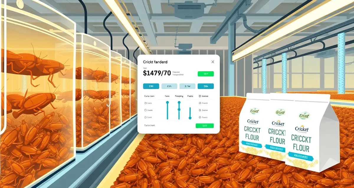 Crowdfunding strategy for cricket farming operations Cricket farm crowdfunding campaign setup showing breeding containers, cricket flour products, and funding pledge tiers for insect protein startup.