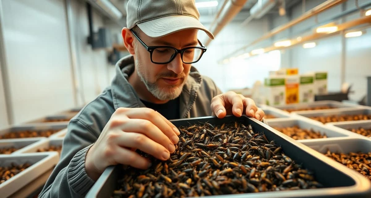 Professional cricket farming customer acquisition Cricket farmer inspecting feeder crickets in farm facility for pet store customer acquisition and supply agreements