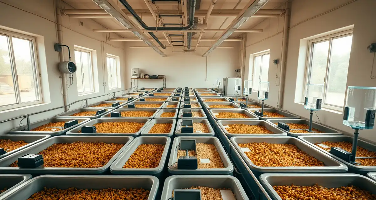 Cricket farm daily operations and bin management Organized cricket farm bins with feeding stations and water systems showing daily management protocol procedures for sustainable production.