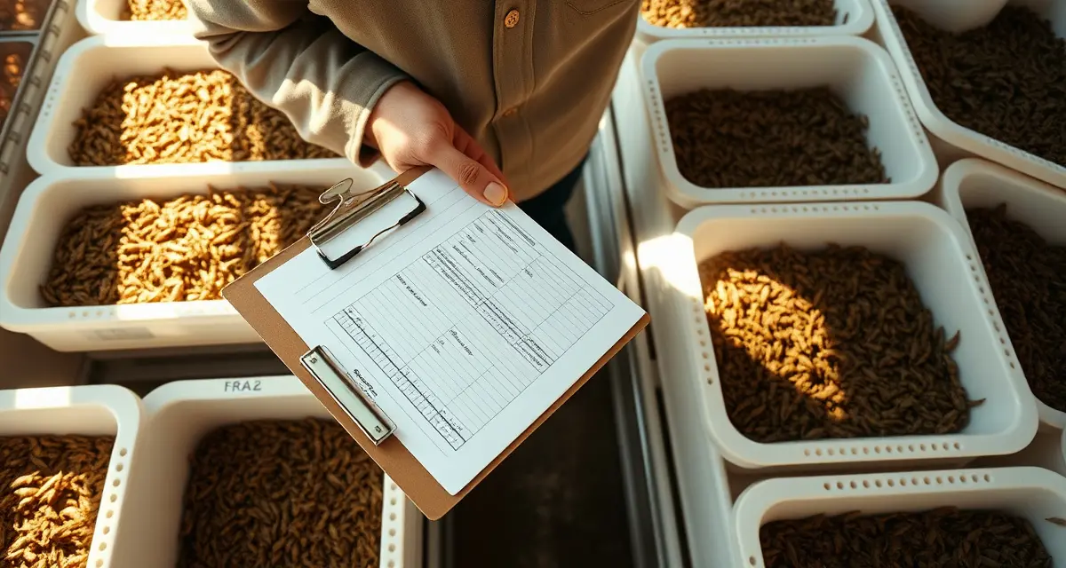 Streamlined cricket farm production tracking system Cricket farm worker reviewing daily production log data from multiple breeding bins with feed and mortality tracking sheets