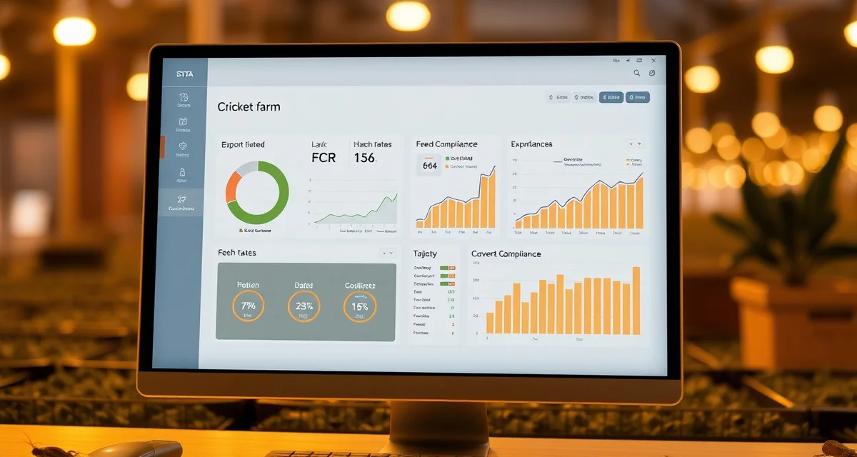 CricketOps farm data analytics and export interface Cricket farm data export dashboard displaying FCR metrics, hatch rates, and compliance reports for buyer qualification