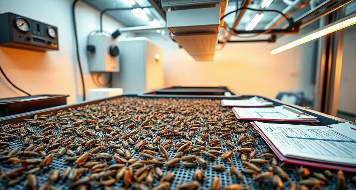 Cricket farming die-off prevention through environmental monitoring Cricket farm monitoring station showing environmental controls and healthy cricket colony during systematic root cause analysis inspection.