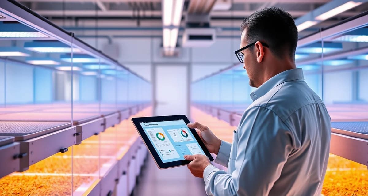 Digital farm management system for cricket farming operations Cricket farm manager reviewing digital transformation software dashboard on tablet in modern insect protein production facility