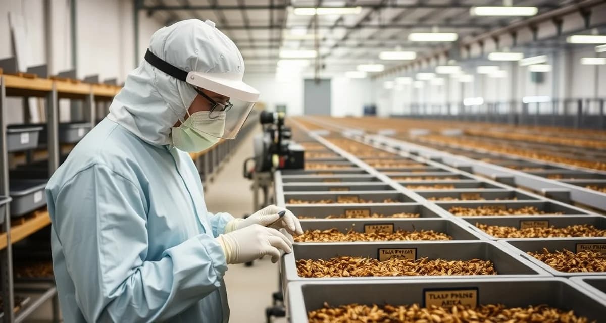 Densovirus outbreak management in commercial cricket farming Cricket farm disease outbreak response protocol showing biosecurity measures and infected bin isolation in professional farming operation