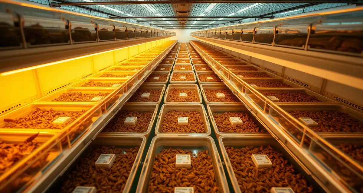 AdDNV prevention in commercial cricket farming Climate-controlled cricket farm facility with organized breeding bins showing proper biosecurity measures to prevent disease outbreaks in commercial insect farming operations