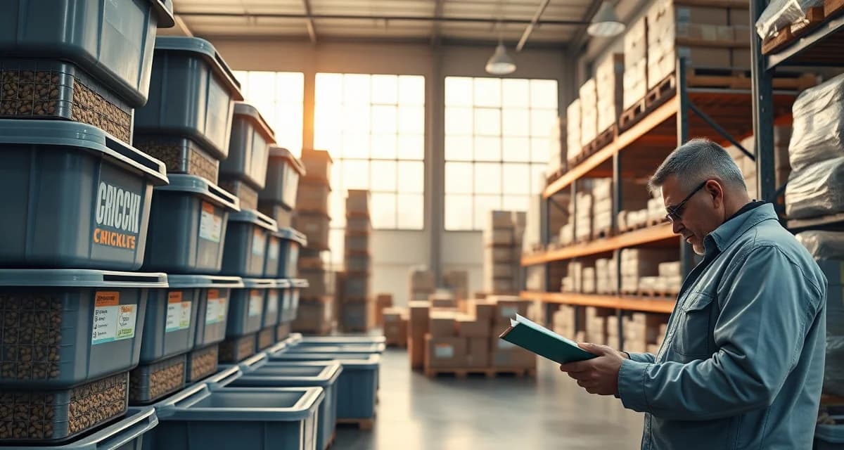 Cricket farming distribution partnership setup Modern cricket farm distribution facility with organized inventory containers and quality control systems for insect protein production operations.