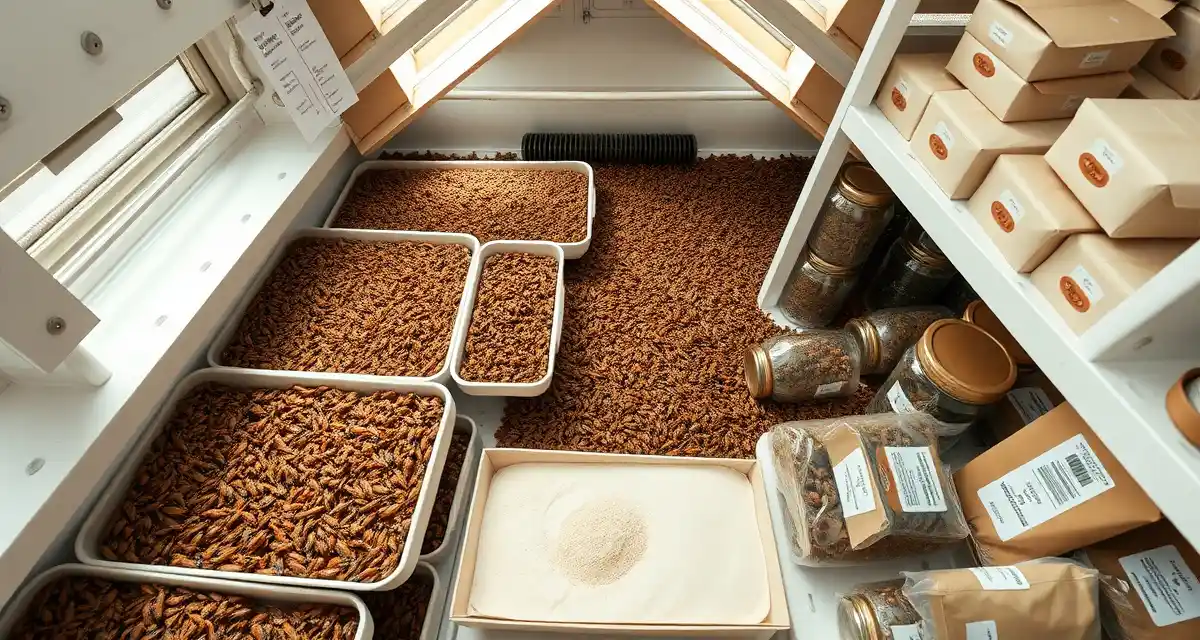 Professional cricket farming operation setup for e-commerce Cricket farm e-commerce operation showing organized containers of feeder crickets and packaged cricket flour products ready for online sales