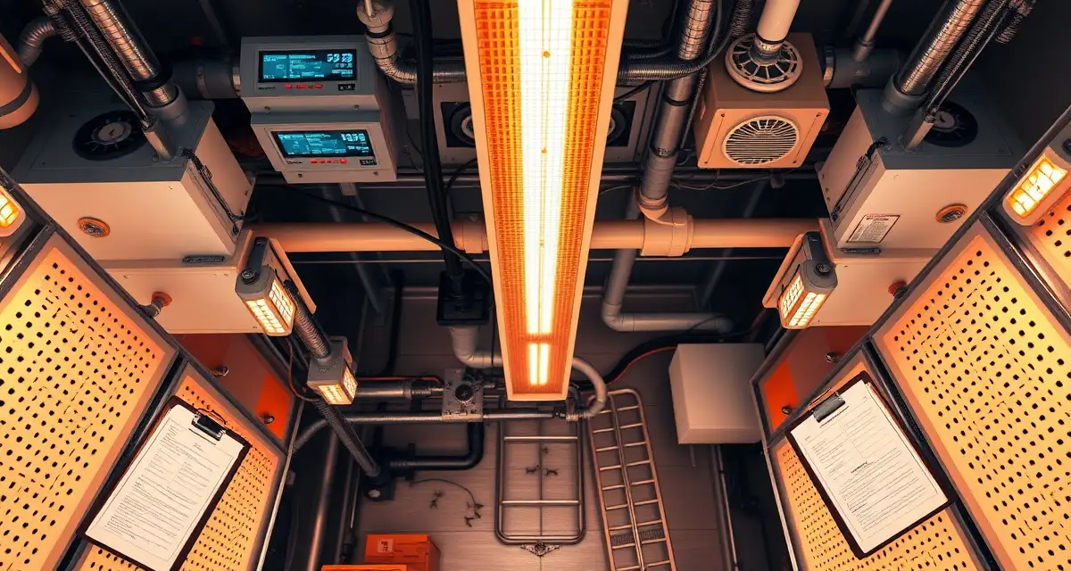 Emergency preparedness in commercial cricket farming operations Modern cricket farm facility with emergency heating systems and temperature control monitoring equipment for disease prevention