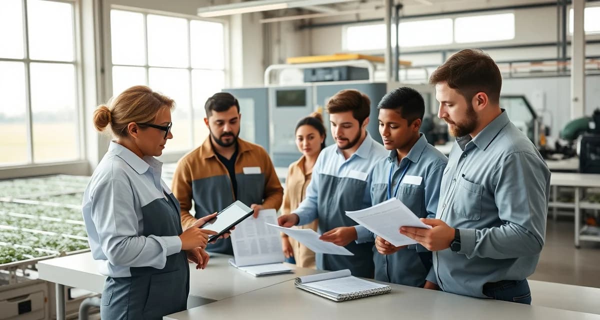 Professional team training in cricket farming operations Cricket farm employee management training session with workers reviewing standard operating procedures and documentation in production facility.