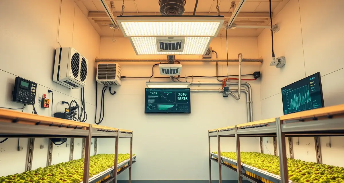 Energy-efficient cricket farming facility with thermal optimization Cricket farm energy efficiency setup showing insulated walls, HVAC systems, and LED lighting for optimized thermal management and reduced power consumption