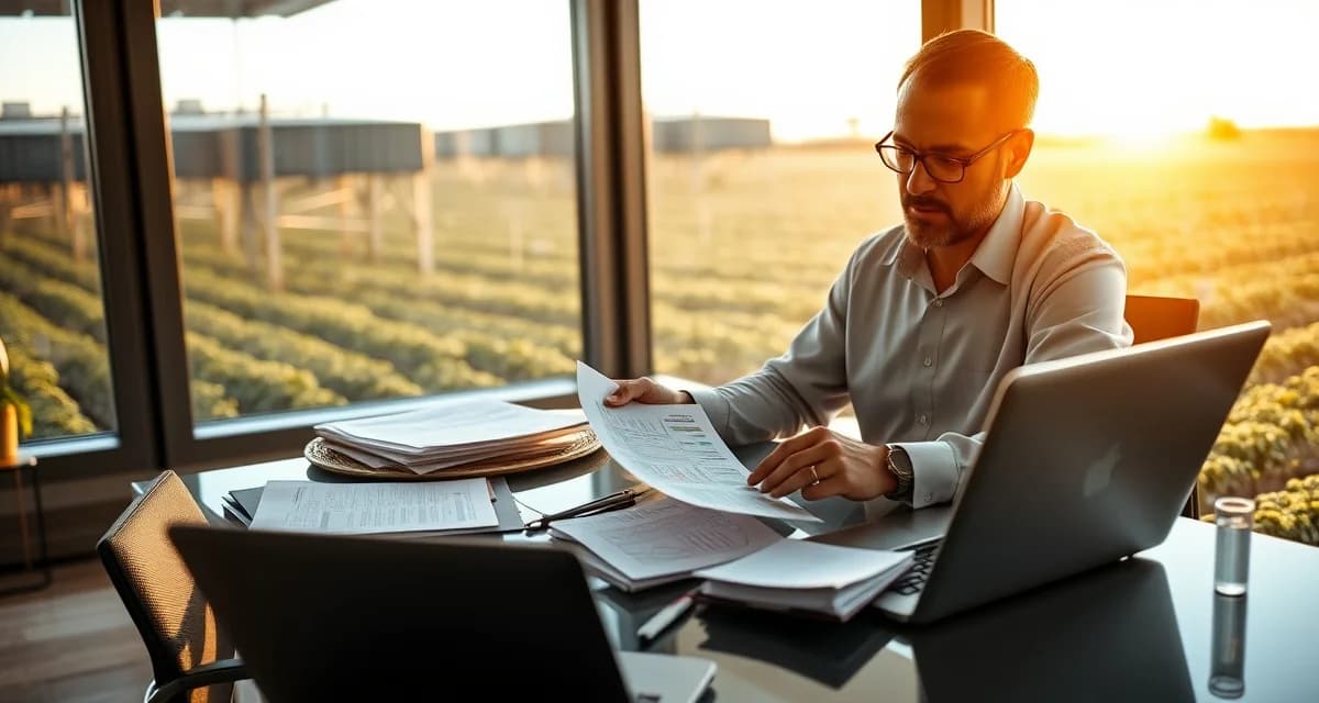 Exit planning documentation for cricket farming operations Cricket farm owner reviewing operational records and financial documentation for farm valuation and exit planning strategy.