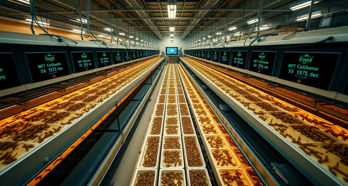Cricket farming operation expansion infrastructure setup Organized cricket farm facility showing multiple breeding bins during expansion phase with monitoring systems and infrastructure planning layout