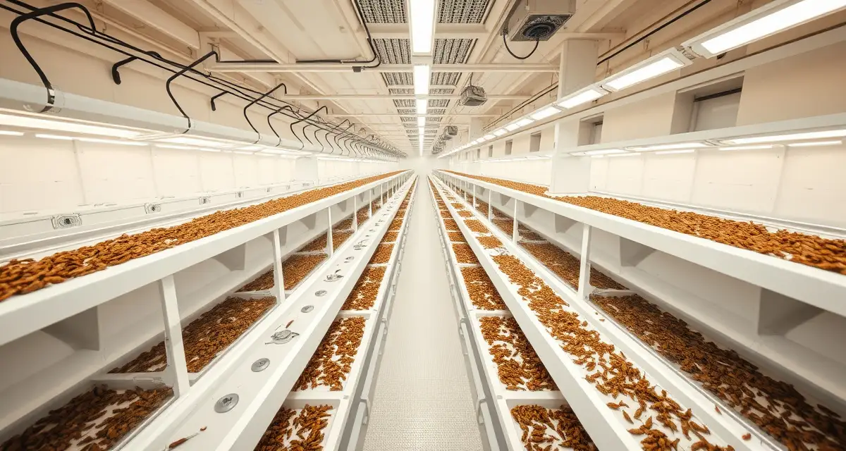 Cricket farm FAQ answered with sustainable farming setup Modern cricket farming operation with organized rearing containers and controlled environment systems for insect protein production