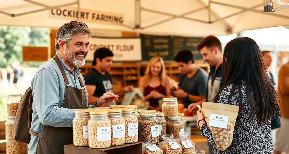 Direct-to-consumer cricket protein sales at farmers market Cricket farm vendor displaying cricket flour and protein products at a farmers market stand, connecting with local community buyers