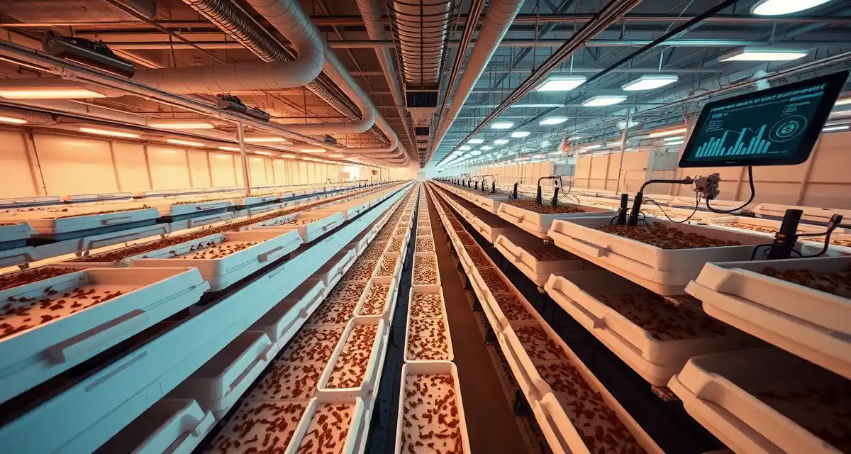 Feed Conversion Ratio improvement in cricket farming operations Cricket farm FCR improvement case study showing 50-bin operation with ventilation systems and bin-level tracking for feed conversion optimization.