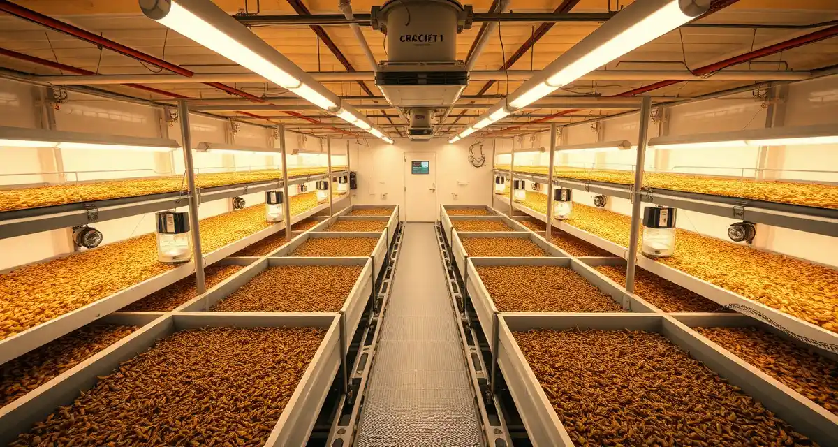 Modern cricket farm FCR improvement setup Cricket farming operation demonstrating feed conversion ratio optimization with organized rearing bins and temperature control systems