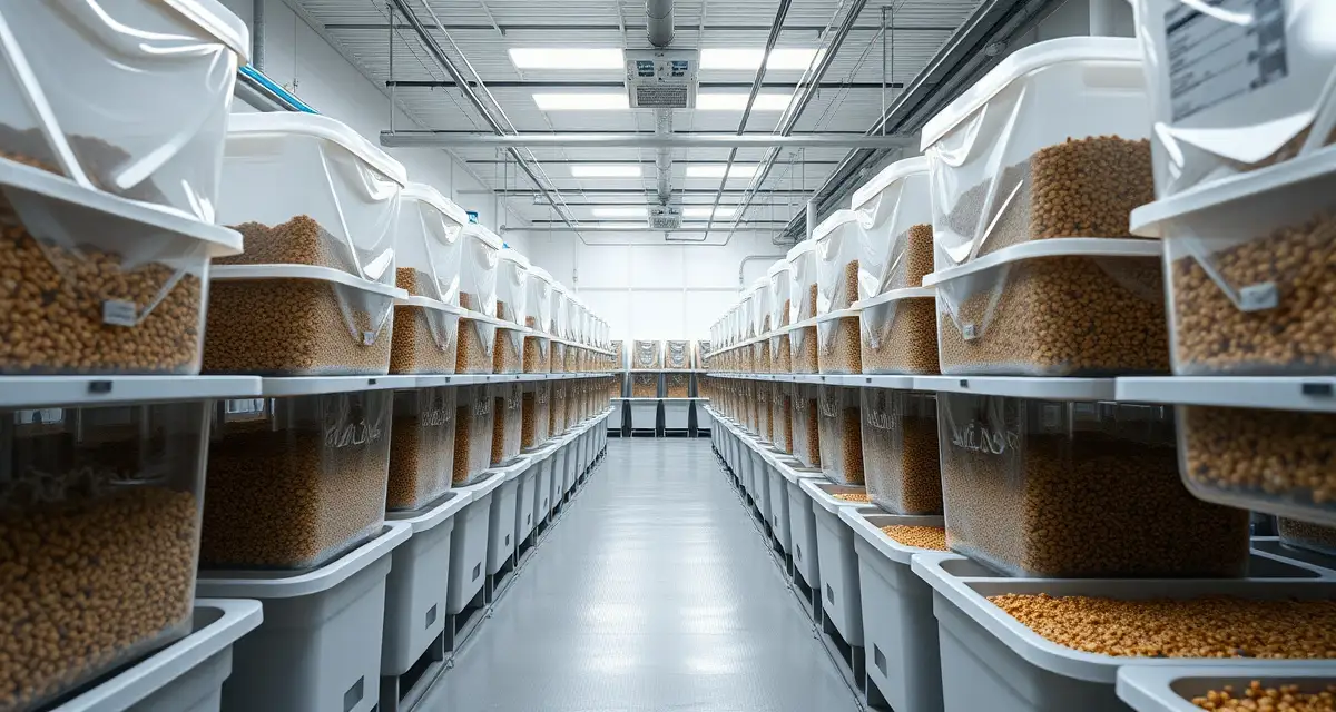 Professional feed storage setup for cricket farming operations Organized cricket farm feed storage containers in climate-controlled facility with proper temperature monitoring and pest prevention systems