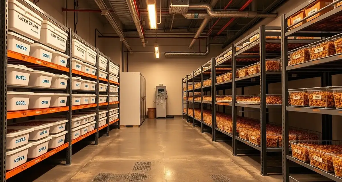 Flood-resistant cricket farming bin storage system Elevated cricket farm bin shelving positioned 18 inches above floor in flood emergency preparedness setup