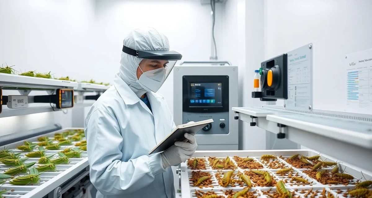 FSMA cricket farm verification and food safety inspection Food safety technician conducting cricket farm verification procedures with monitoring equipment and FSMA compliance documentation