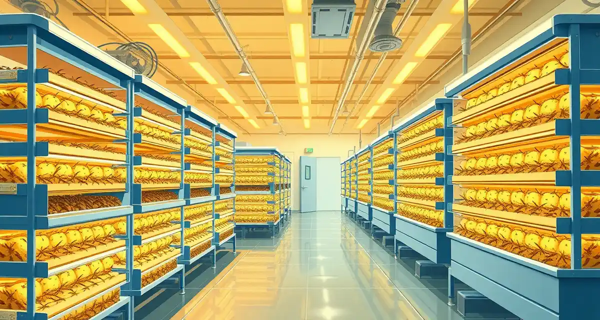 Cricket farming franchise model with scalable operational infrastructure Modern cricket farm franchise facility showing organized bin systems for insect protein production and standardized farming operations