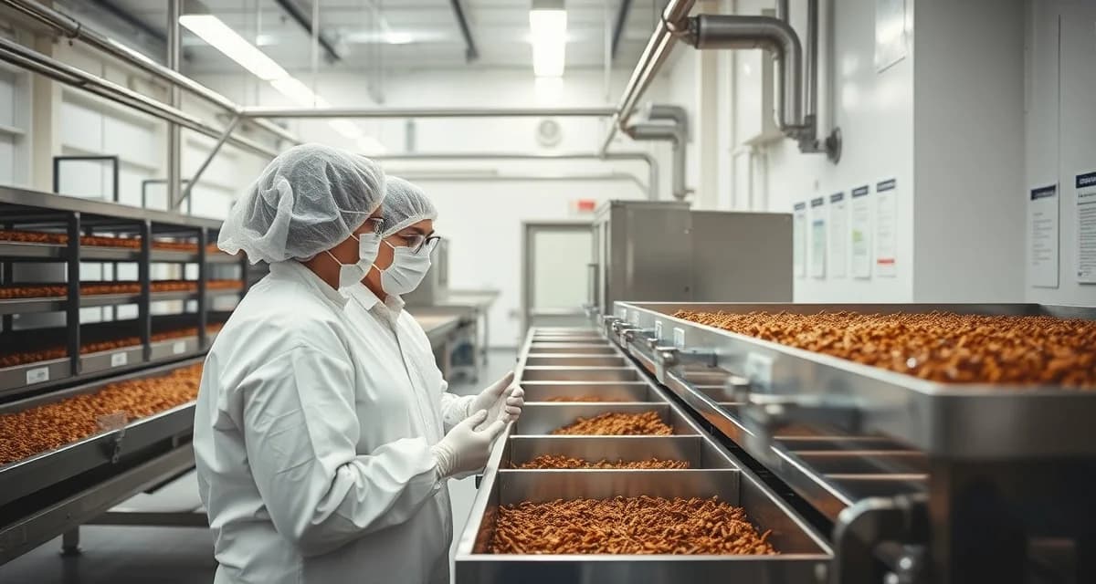 Good Manufacturing Practice training session for cricket flour production Cricket farm workers in protective gear receiving GMP training at food production facility quality control station