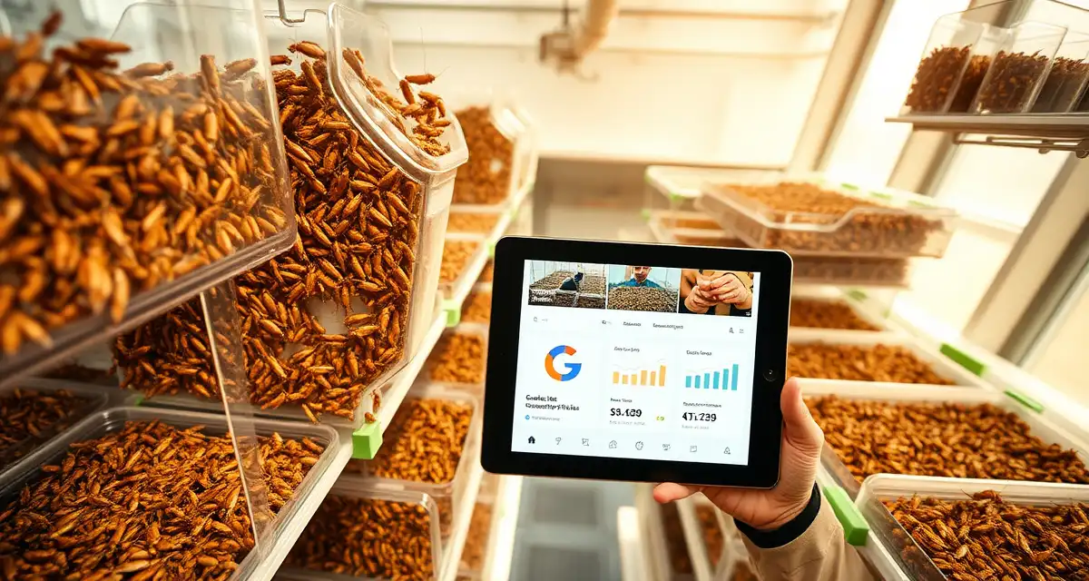 Local SEO Strategy for Cricket Farming Operations Cricket farm operator managing Google Business Profile on tablet to attract local buyers and increase customer inquiries