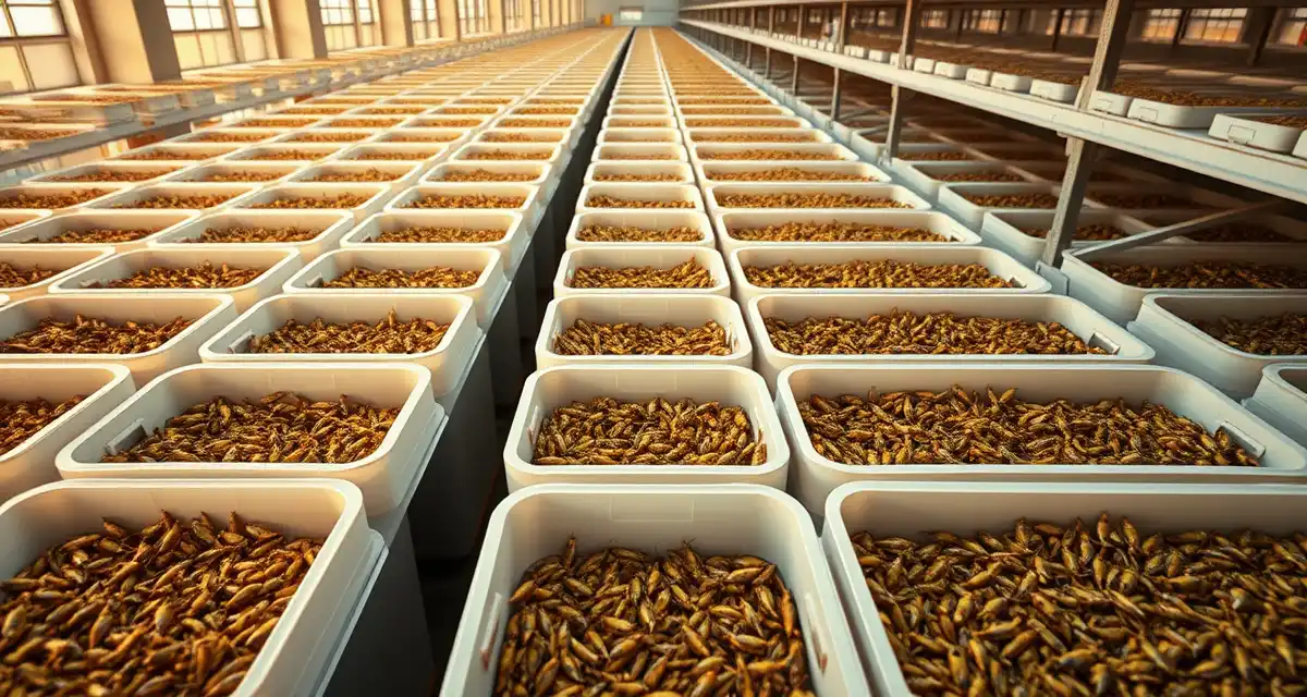 Cricket farm harvest workflow visualization Organized cricket farm bins arranged in staggered rows ready for systematic harvest frequency scheduling and production planning