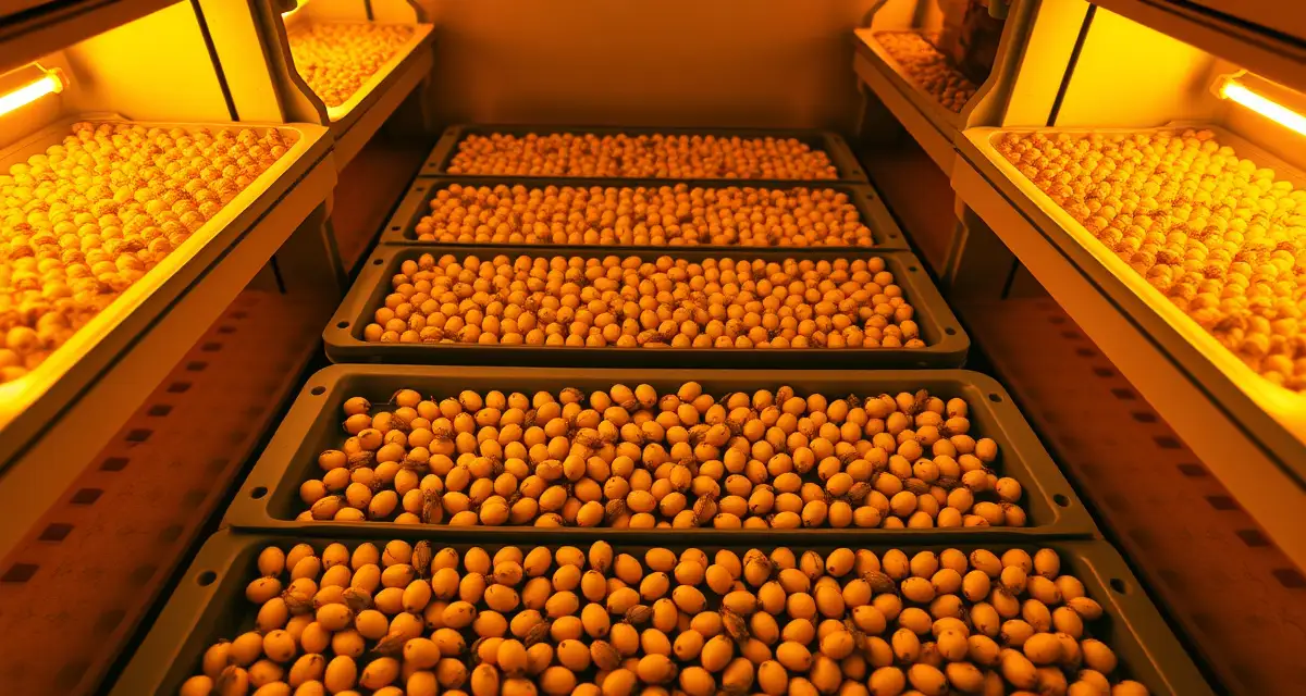 Cricket hatch rate optimization equipment and monitoring Cricket farm incubation setup showing optimized hatch rate conditions with temperature and humidity monitoring for Acheta domesticus egg production