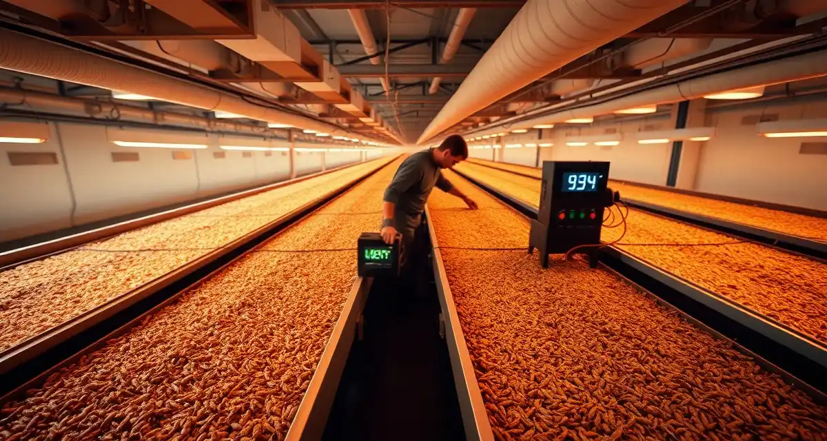 Heat management in commercial cricket farming operations Cricket farm operator monitoring heat stress temperatures and ventilation systems in a modern insect protein production facility