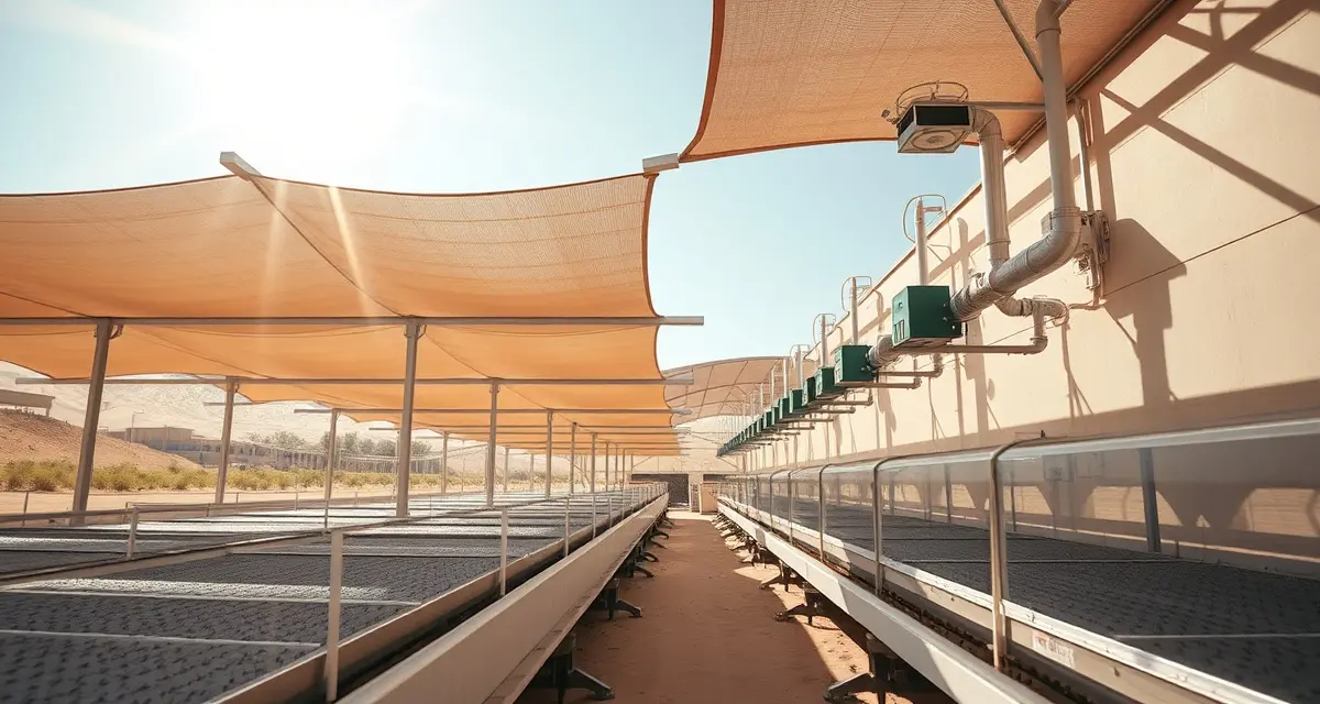 Hot climate cricket farm with thermal management systems Cricket farming facility with shade structures and cooling systems designed for hot climate desert operations