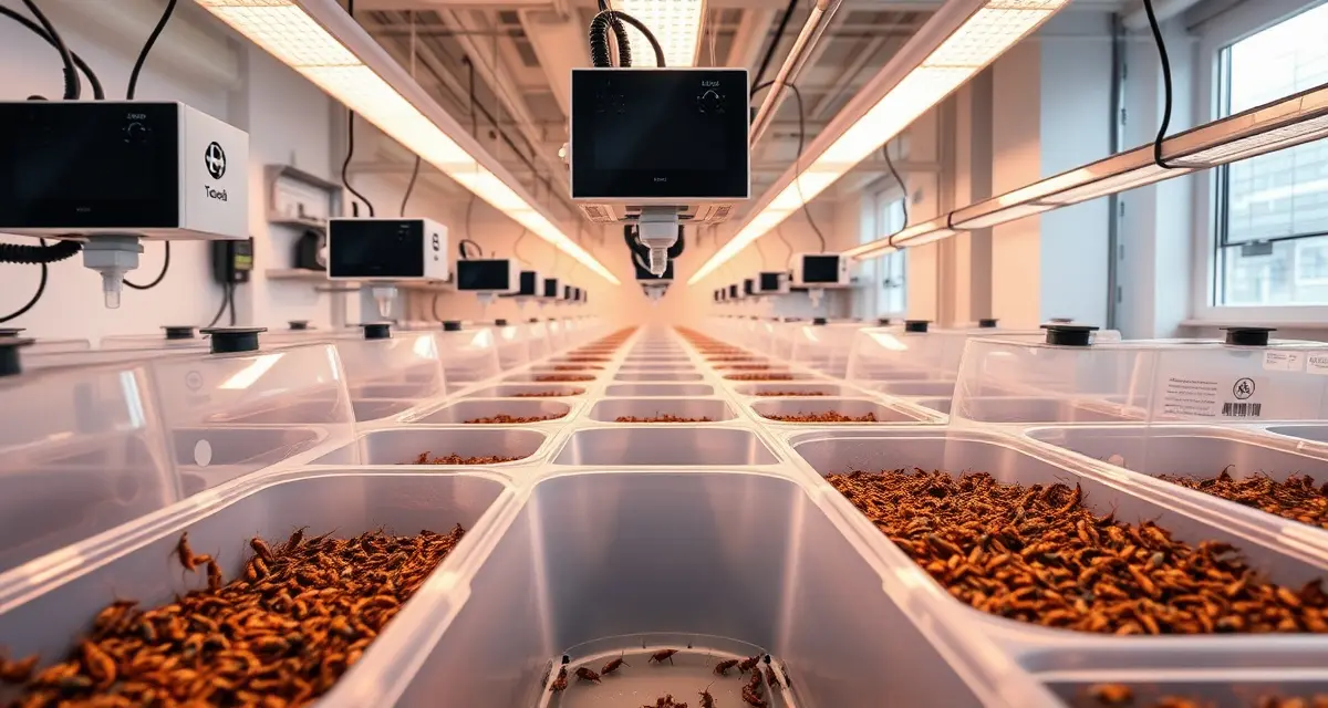 Hydration control equipment in professional cricket farming operation Cricket farming bins with proper hydration management systems to prevent dehydration and drowning mortality in insect protein production
