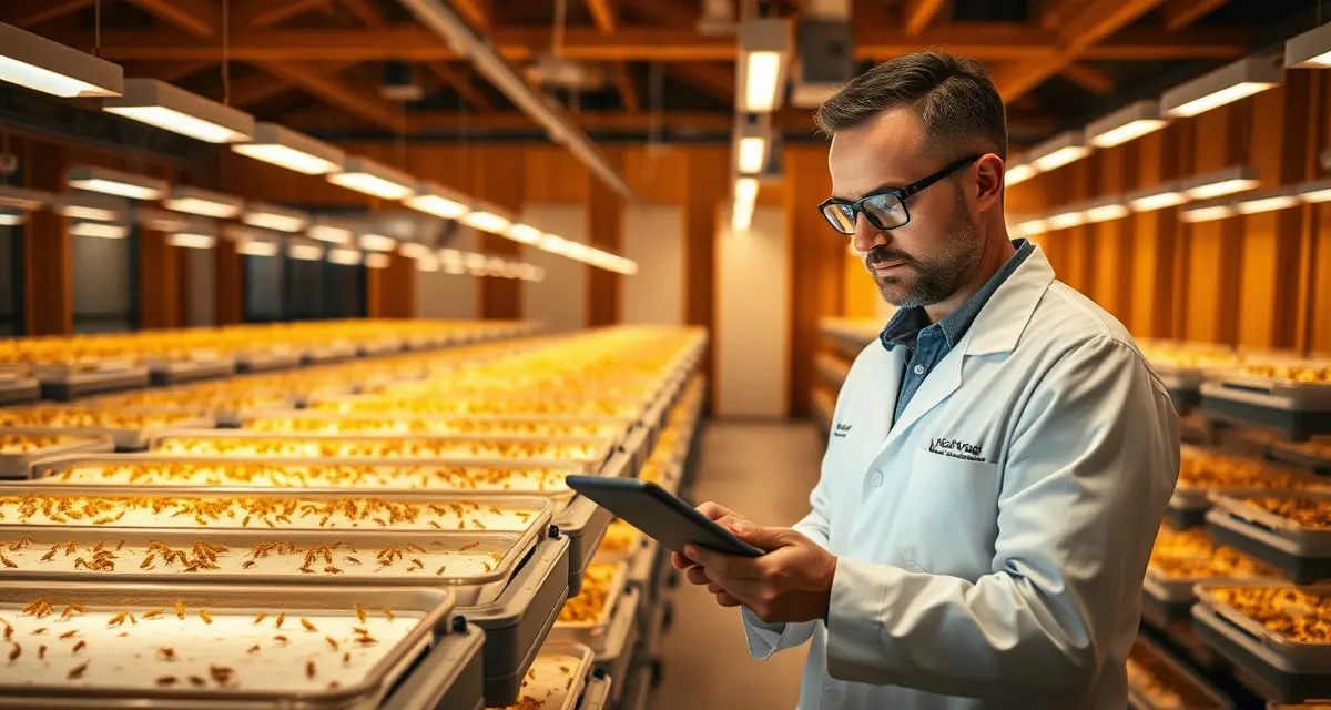 Sustainable cricket protein farm impact investing facility Modern cricket farming operation with climate-controlled breeding containers and farm operator reviewing sustainability metrics on tablet