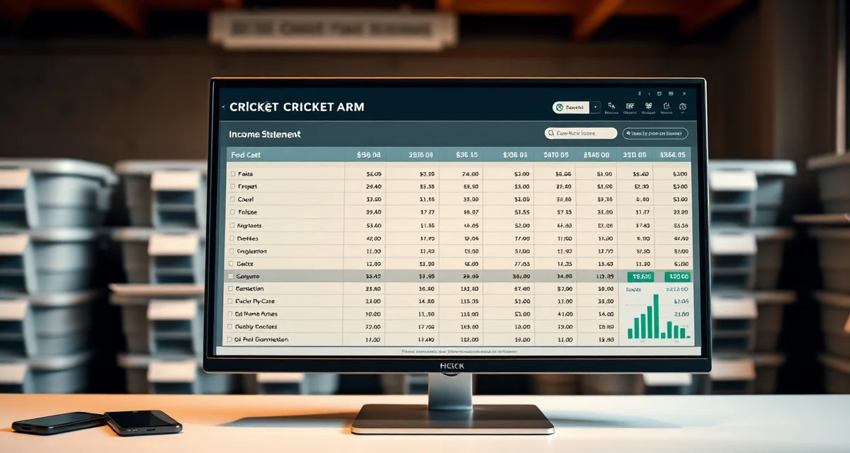 Financial tracking dashboard for cricket farming operations Cricket farm income statement template tracking monthly profit, loss, and feed cost expenses for insect protein operations.