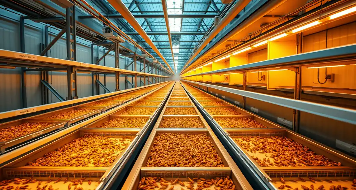 Cricket farm technology and sustainable insect farming infrastructure Modern cricket farming facility showing sustainable insect protein production containers and equipment for commercial cricket farming operations.