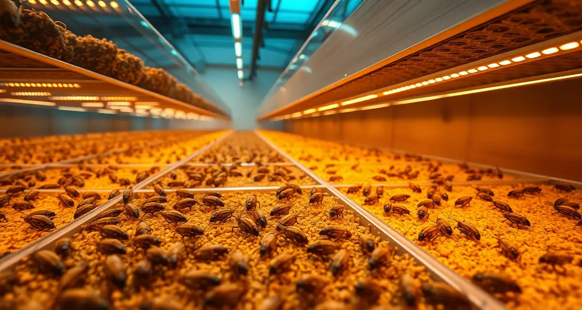 Cricket farm breeding containers in professional insect protein production facility Modern cricket farming operation showing transparent breeding containers with healthy crickets under warm LED lighting in a professional facility.