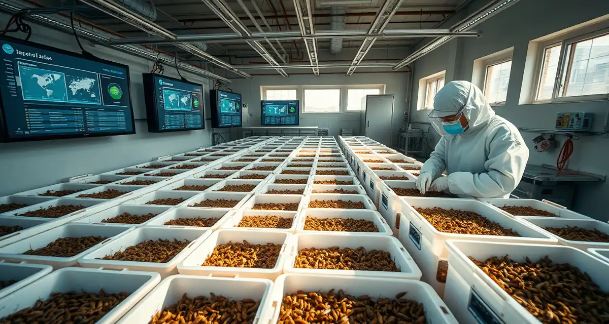 Live cricket inventory bins with bin-level tracking system Cricket farm inventory management system showing multiple bins of live crickets with digital tracking and daily mortality monitoring for optimal harvest timing.