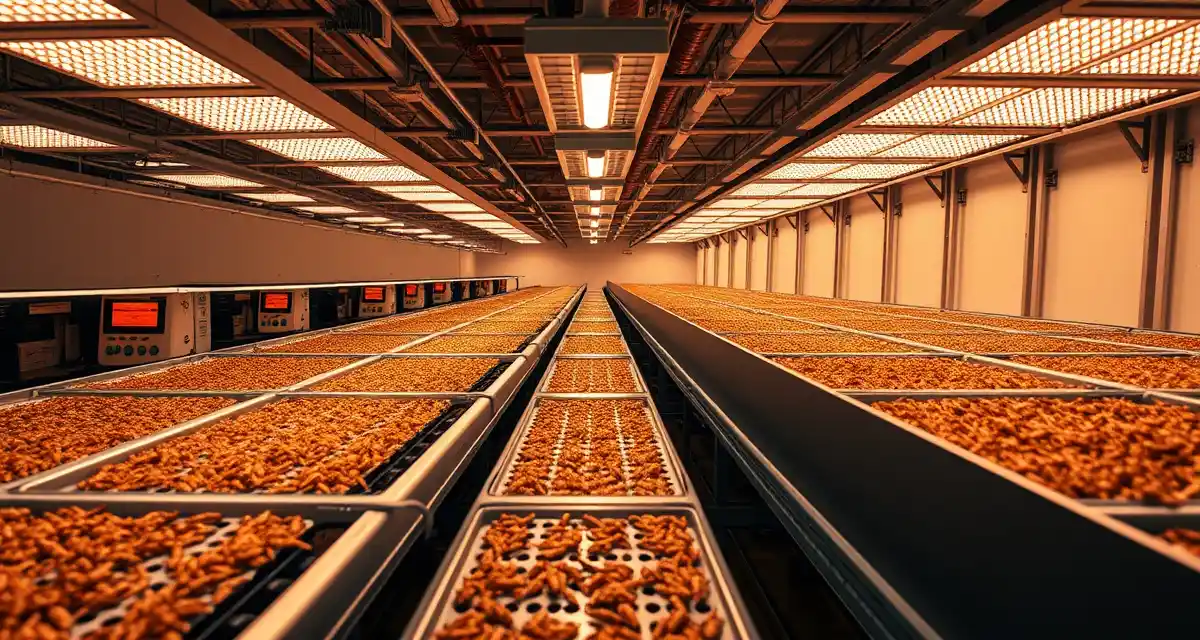 Professional cricket farm investment operations facility Modern cricket farming facility with controlled environment containers and monitoring systems for insect protein production operations