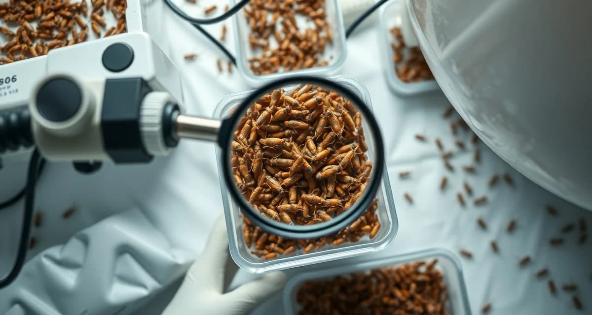 IPM inspection and monitoring for cricket farming operations Cricket farm integrated pest management monitoring setup with inspection tools and controlled colony containers for chemical-free protection
