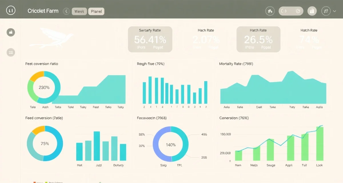KPI tracking dashboard for cricket farming operations Cricket farm KPI dashboard displaying key performance metrics including feed conversion ratio, die-off rate, hatch rate, and bins active tracking for optimal farm operations.