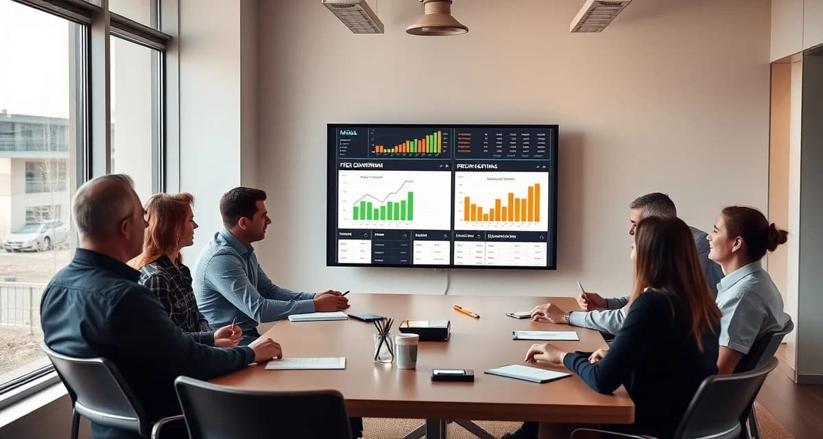 Weekly KPI review meeting for insect protein production operations Cricket farm operations team reviewing KPI metrics and feed conversion ratio performance data during weekly management meeting