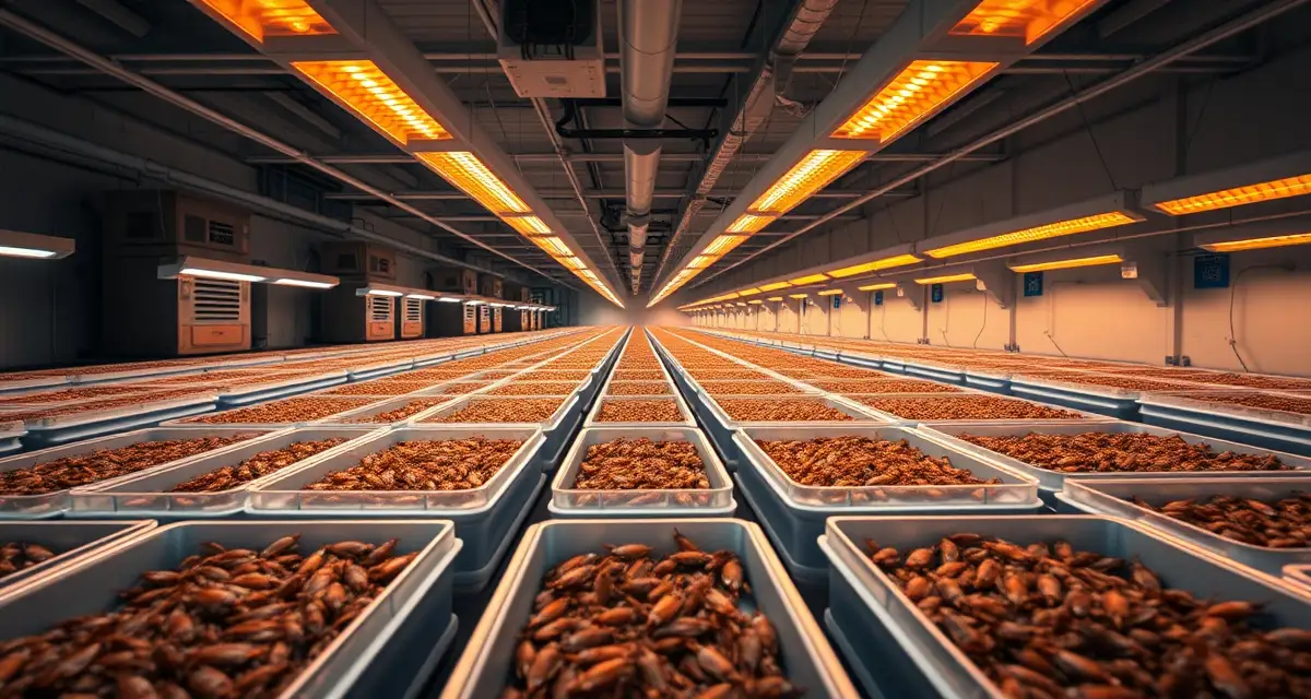 LED lighting optimization for commercial cricket farming Modern cricket farm breeding bins illuminated with LED lighting systems for optimal photoperiod and egg production cycles