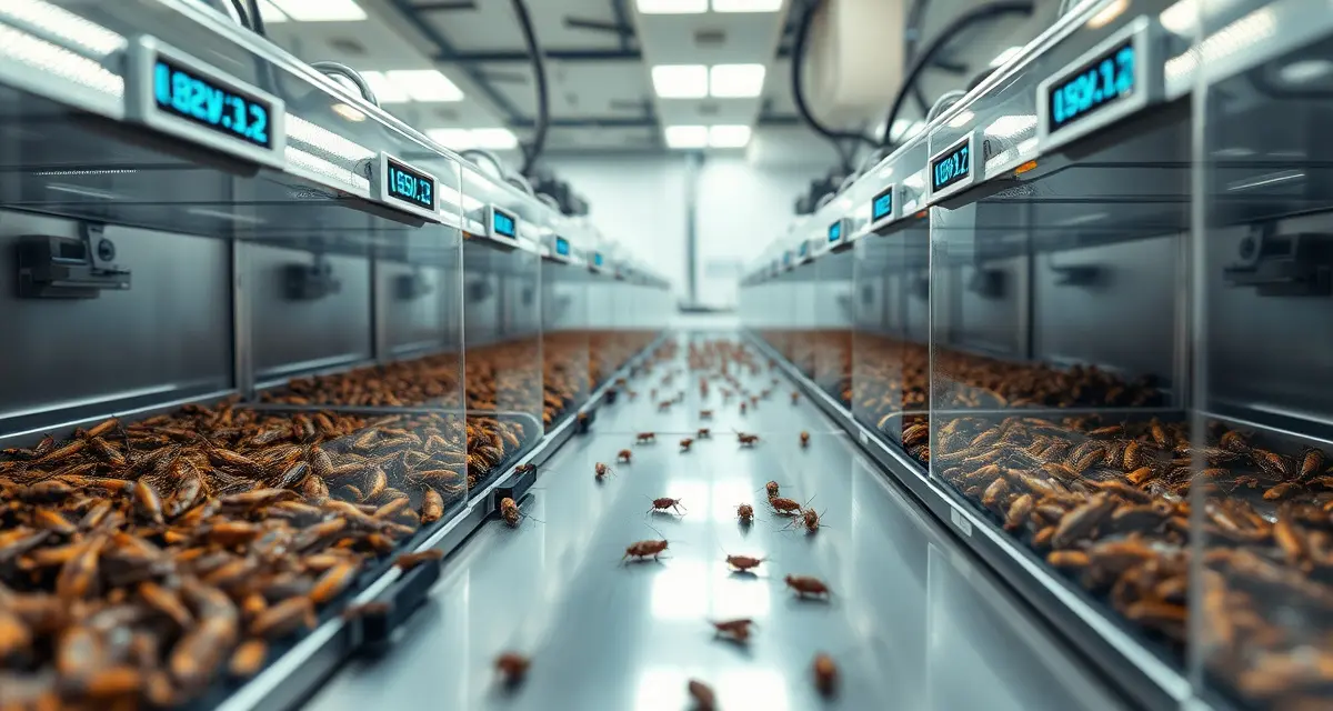 Advanced cricket farming equipment and licensing technology Modern cricket farm licensing technology equipment showing controlled breeding containers and climate management systems for insect protein production.