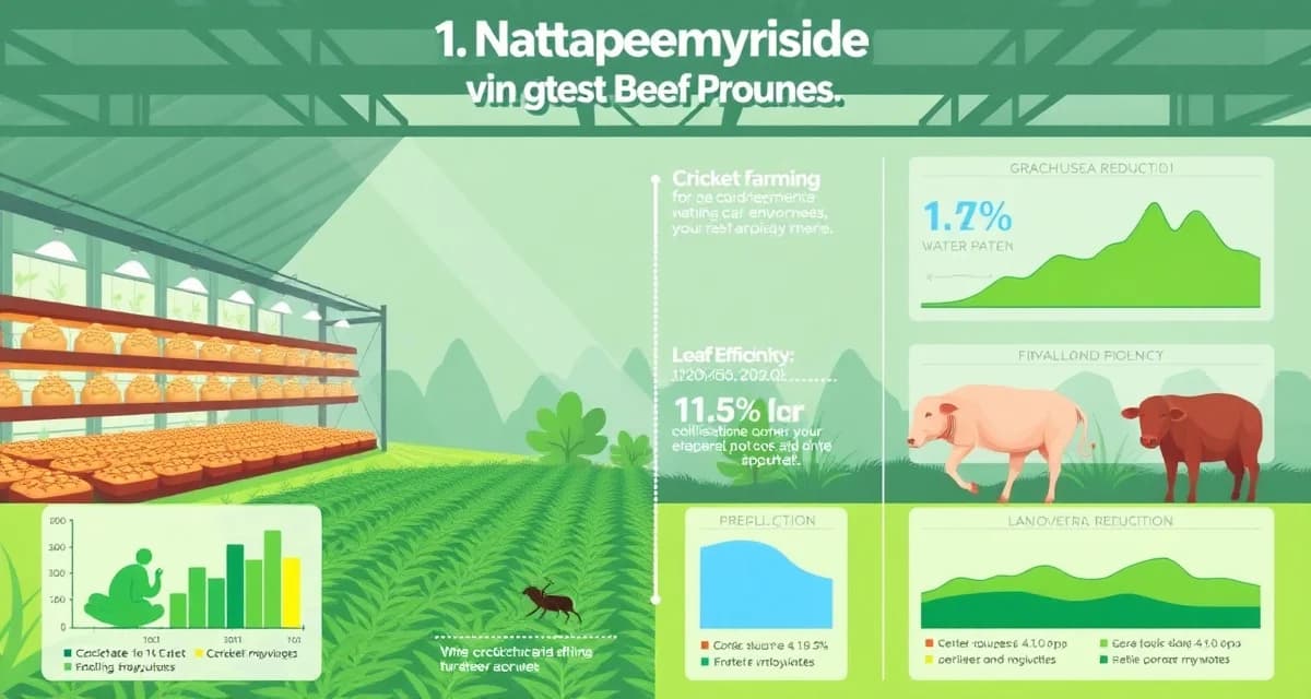 Cricket farming environmental impact analysis and sustainability metrics Lifecycle assessment comparison showing cricket farming produces 100x less greenhouse gas than beef per kilogram of protein