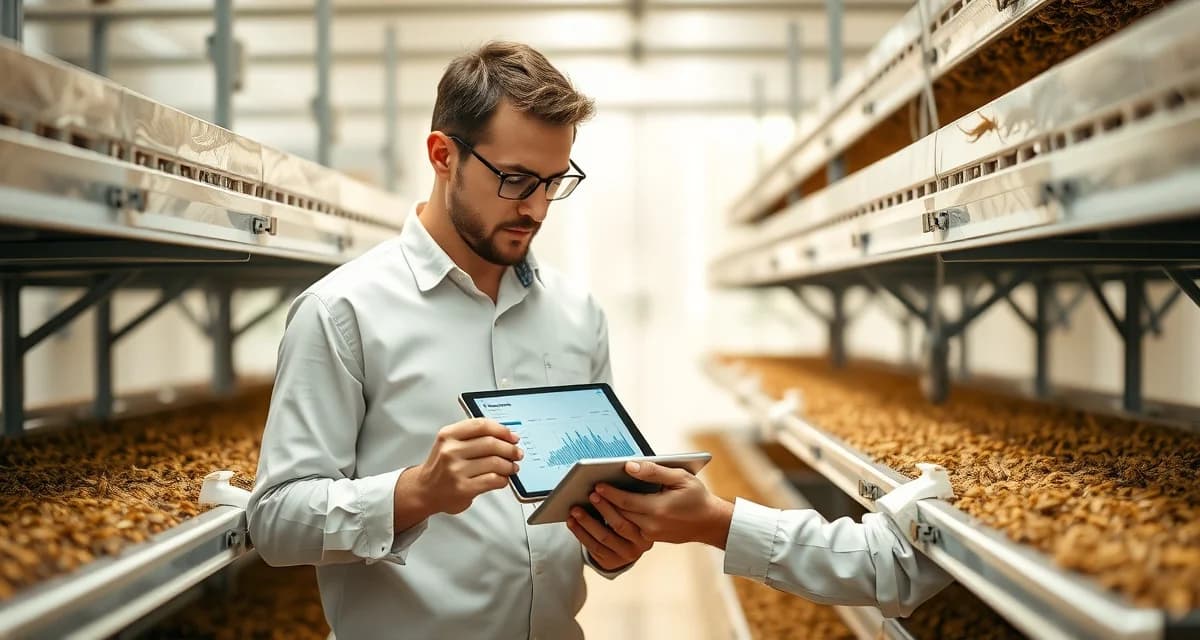 LinkedIn networking for cricket protein industry professionals Cricket farmer analyzing LinkedIn B2B engagement metrics for insect protein production marketing strategy