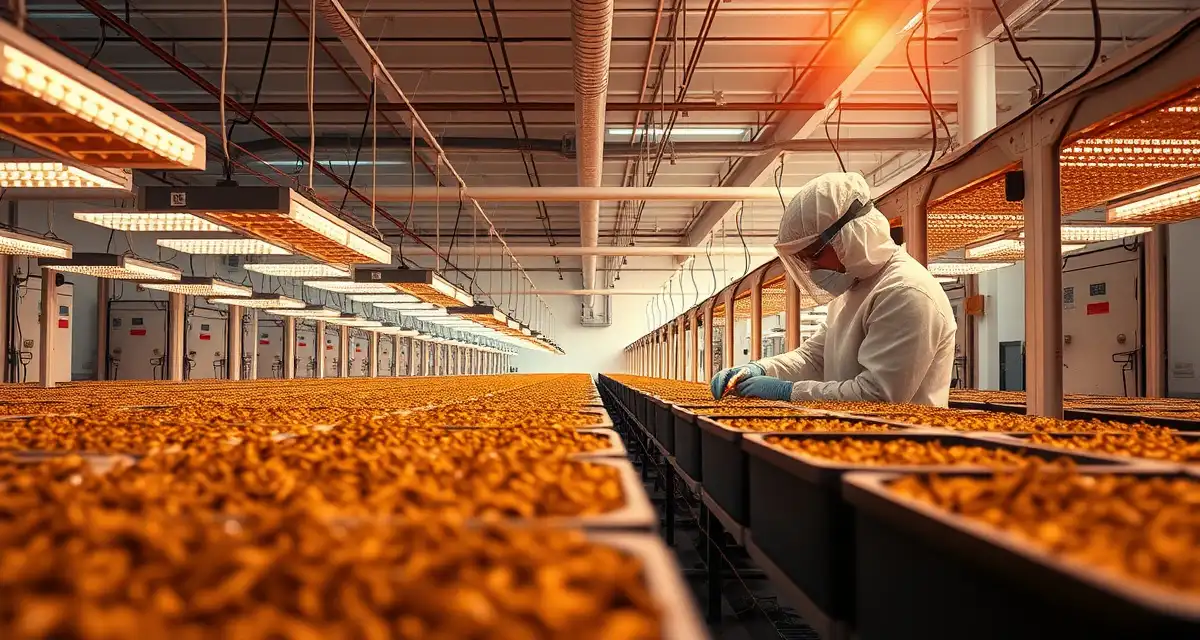 Cricket farming loan funding resources Modern cricket farm facility with controlled environment systems and monitoring equipment for insect protein production operations