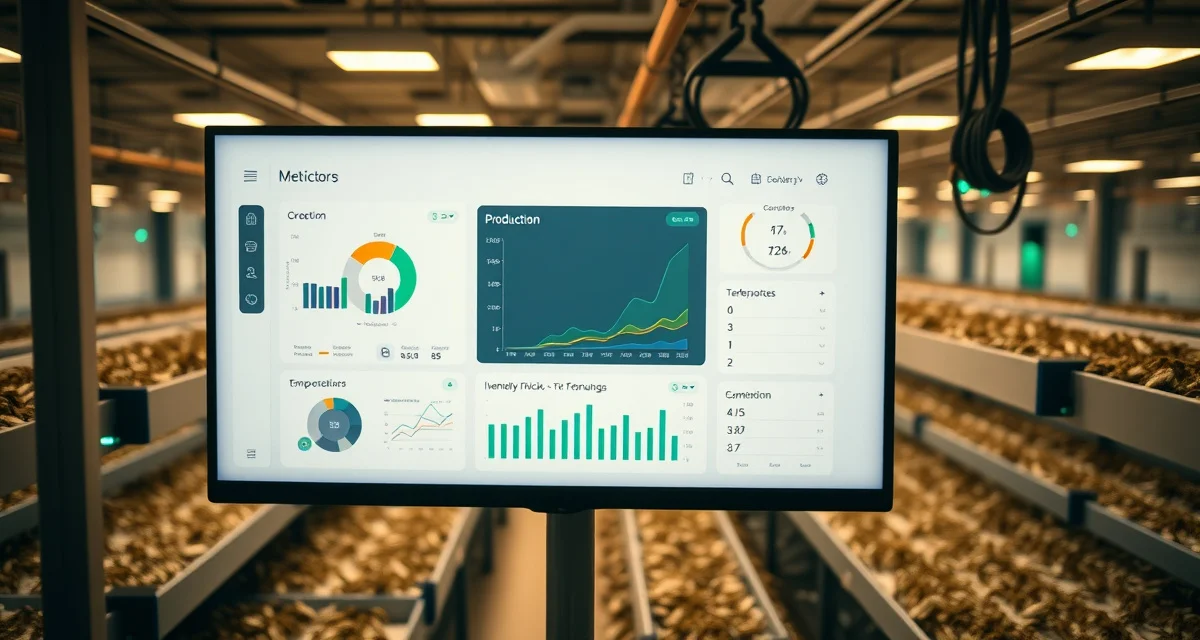 Farm management platform interface for cricket operations Cricket farm management software dashboard showing production tracking and operational metrics for insect protein farming.