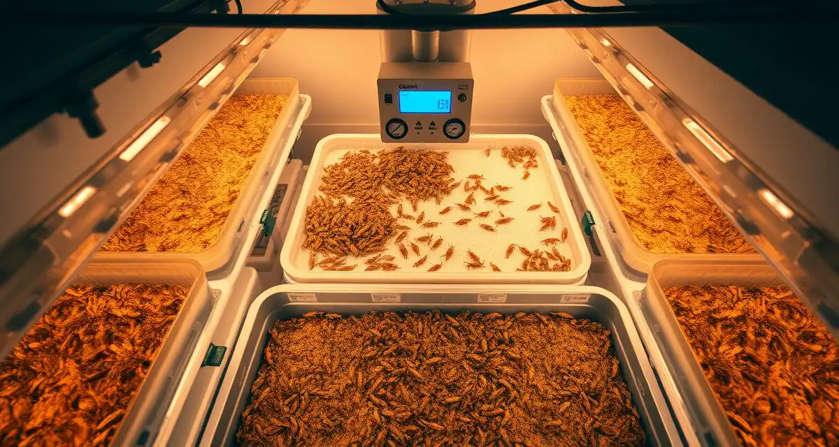 Professional cricket farming operation with systematic mortality control Cricket farm mortality reduction setup showing organized rearing containers with environmental monitoring systems for insect protein production.