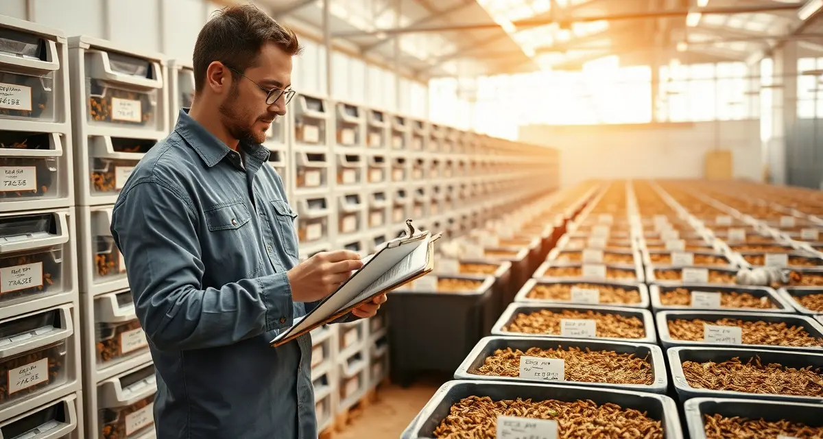 Systematic cricket mortality data logging on insect protein farm Cricket farming bins with organized mortality tracking system for monitoring die-off events by cause across multiple containers on farm